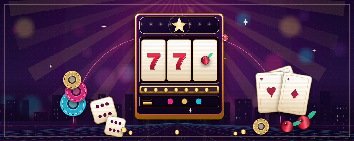 Kabinet slot neon Vegas 777 SR6666 dengan tiga drum 7, lampu marquee, kartu remi, dadu, chip, dan ceri di panggung ungu
