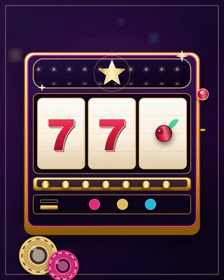 Kabinet slot neon dengan tiga drum: dua simbol 7 merah dan satu ceri